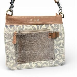 Myra Bag  Hide & Floral Upcycled Canvas Cowhide Leather Crossbody Purse NWT